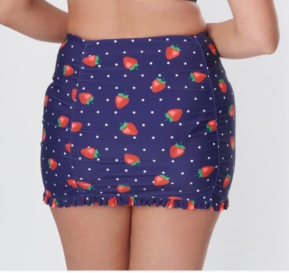 Unique Vintage Navy Strawberry Pin Dot Ruffled Swim Skirt 1X NWOT